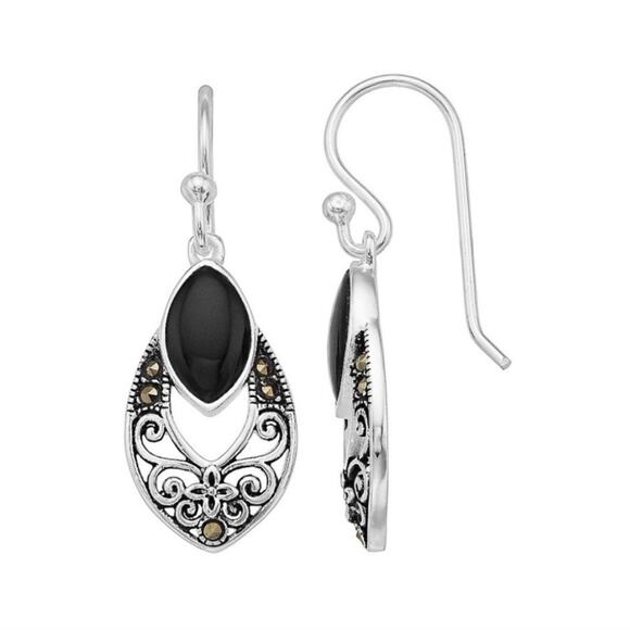 Tori Hill Sterling Silver Marcasite Black Onyx Openwork Drop Earring Pierced - Picture 1 of 8